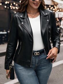 EMERY ROSE Plus Size Women's Bestselling Elegant Lapel Motorcycle Style PU Leather Jacket, Slimming Minimalist Fit With Multi-Functional Zipper Pocket Design, Metal Zipper Decor, Suitable For Daily Versatile Commute, Date, Party Slimming Wear - Black - View 1