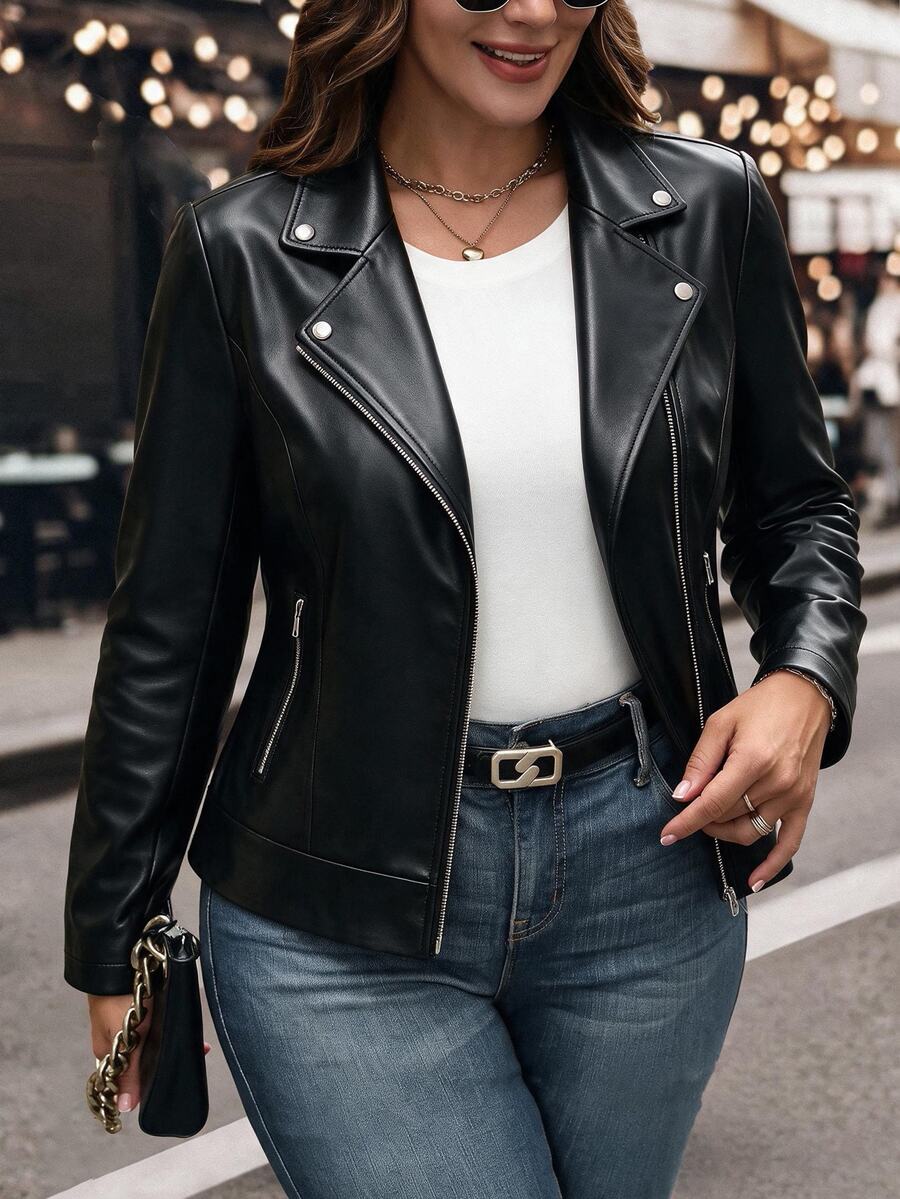 EMERY ROSE Plus Size Women's Bestselling Elegant Lapel Motorcycle Style PU Leather Jacket, Slimming Minimalist Fit With Multi-Functional Zipper Pocket Design, Metal Zipper Decor, Suitable For Daily Versatile Commute, Date, Party Slimming Wear - Black - View 1