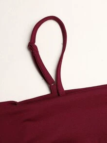 SHEIN 青少年女孩優雅時尚百搭純色酒紅收腰露肩下擺純色無袖修身貼身長款派對洋裝 - 酒紅色 - 查看 7