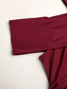 SHEIN 青少年女孩優雅時尚百搭純色酒紅收腰露肩下擺純色無袖修身貼身長款派對洋裝 - 酒紅色 - 查看 4