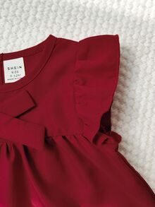 Souflis Souflis Baby Girl Fashionable Cute Bowknot Ruffle Hollow Out Cap Sleeve Summer Burgundy Dress - Red - View 9