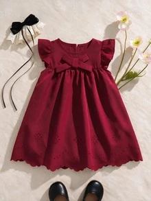 Souflis Souflis Baby Girl Fashionable Cute Bowknot Ruffle Hollow Out Cap Sleeve Summer Burgundy Dress - Red - View 1