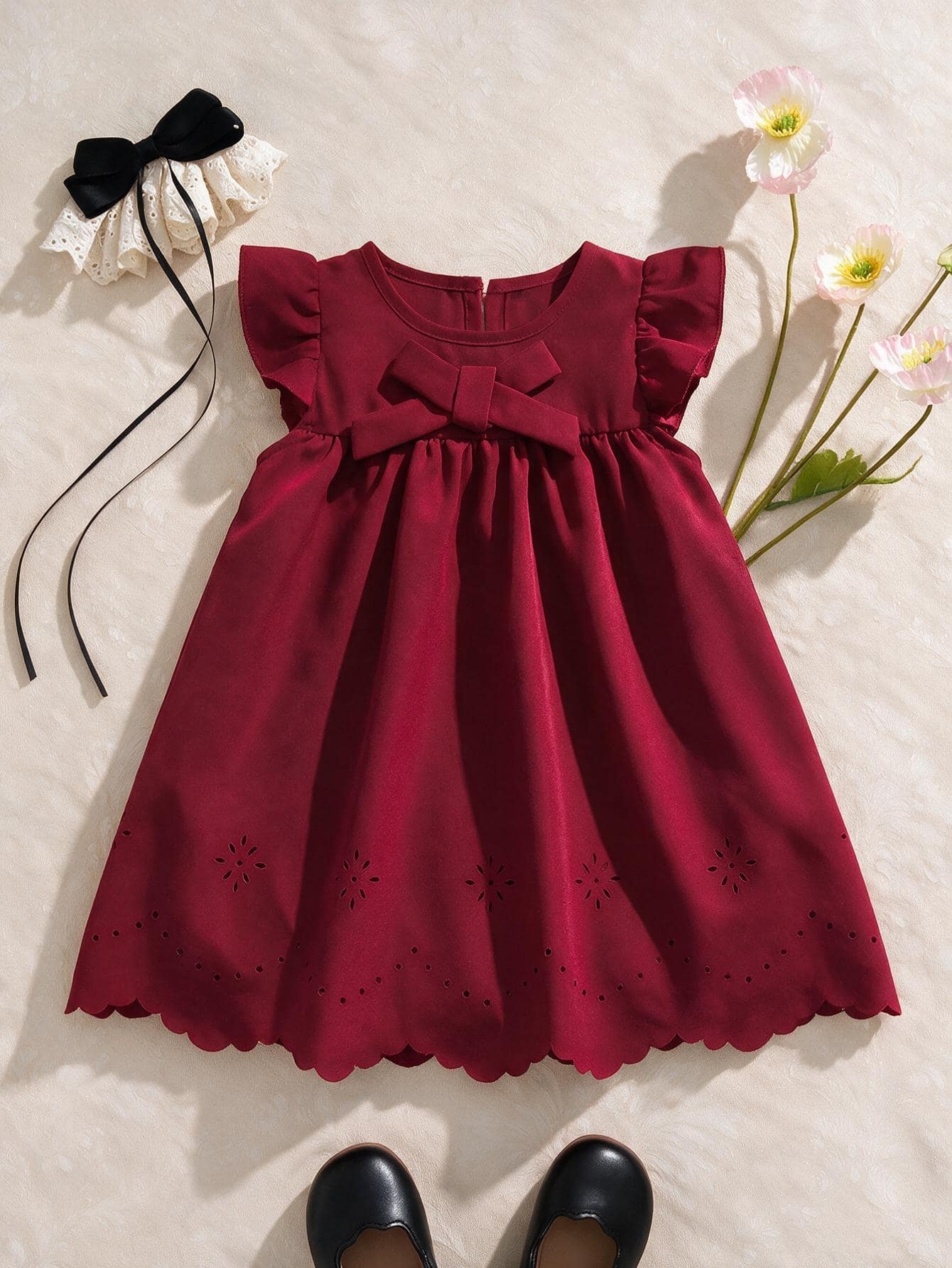 Souflis Souflis Baby Girl Fashionable Cute Bowknot Ruffle Hollow Out Cap Sleeve Summer Burgundy Dress - Red - View 1
