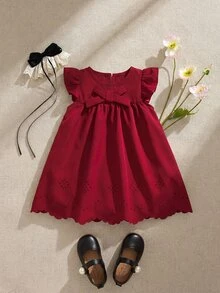 Souflis Souflis Baby Girl Fashionable Cute Bowknot Ruffle Hollow Out Cap Sleeve Summer Burgundy Dress - Red - View 12