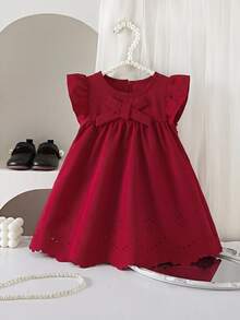 Souflis Souflis Baby Girl Fashionable Cute Bowknot Ruffle Hollow Out Cap Sleeve Summer Burgundy Dress - Red - View 2