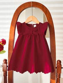 Souflis Souflis Baby Girl Fashionable Cute Bowknot Ruffle Hollow Out Cap Sleeve Summer Burgundy Dress - Red - View 5