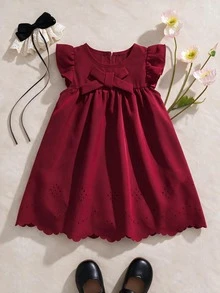 Souflis Souflis Baby Girl Fashionable Cute Bowknot Ruffle Hollow Out Cap Sleeve Summer Burgundy Dress - Red - View 11