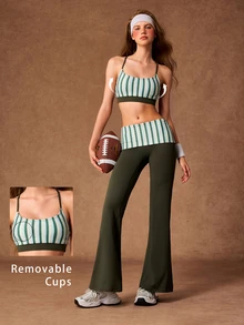 VARSIVA Women's Striped Cropped Camisole And Flare Pants Sports Set - Multicolor - View 1