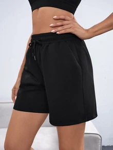 Eassivo Eassivo Drawstring Waist Slant Pocket Sports Shorts Drawstring ShortsWomen Sweat Short, Gym Short, Biker Short - Black - View 9