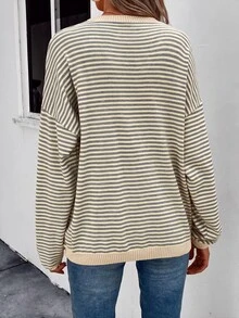 SHEIN LUNE 藍白條紋圖案對比滾邊落肩針織衫 早午餐休閒日常上班秋季穿搭 - 黃色 - 查看 2