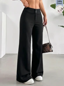 SHEIN EZwear 休閒商務休閒百搭通勤黑色喇叭褲 辦公室工作秋季 - 黑色 - 查看 1