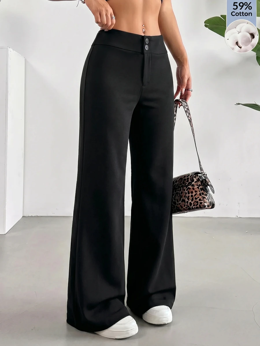 SHEIN EZwear 休閒商務休閒百搭通勤黑色喇叭褲 辦公室工作秋季 - 黑色 - 查看 1