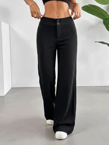 SHEIN EZwear 休閒商務休閒百搭通勤黑色喇叭褲 辦公室工作秋季 - 黑色 - 查看 5