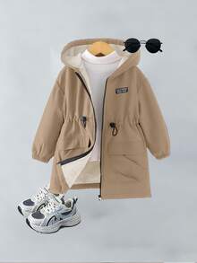 Young Girl Khaki Casual Hooded Jacket With Thermal Lined, Suitable For Autumn/Winter Fall - Khaki - View 7