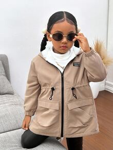 Young Girl Khaki Casual Hooded Jacket With Thermal Lined, Suitable For Autumn/Winter Fall - Khaki - View 5