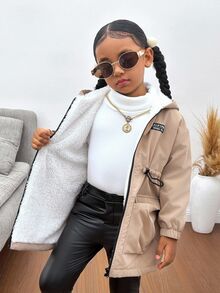Young Girl Khaki Casual Hooded Jacket With Thermal Lined, Suitable For Autumn/Winter Fall - Khaki - View 6