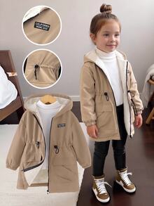Young Girl Khaki Casual Hooded Jacket With Thermal Lined, Suitable For Autumn/Winter Fall - Khaki - View 1