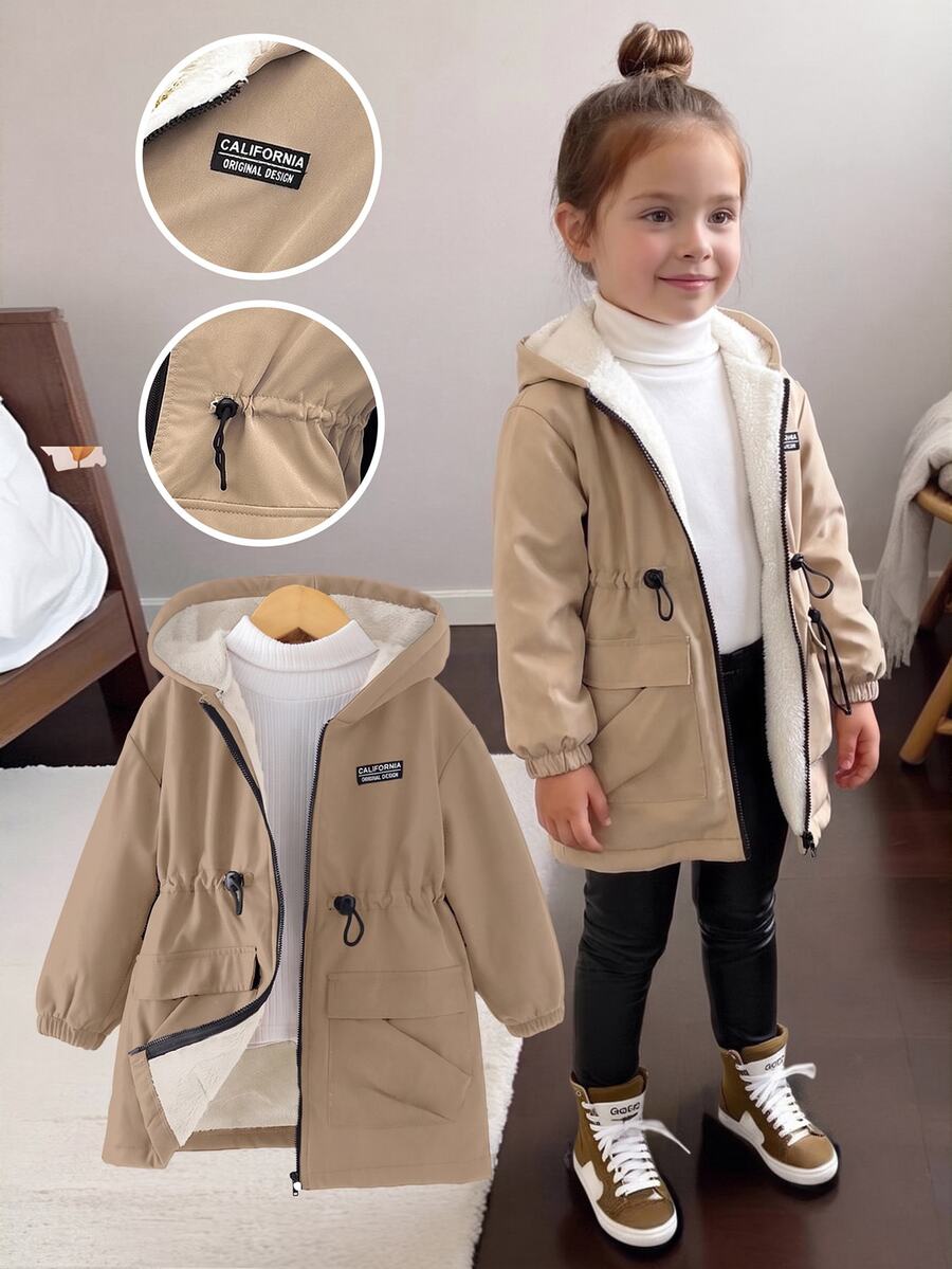 Young Girl Khaki Casual Hooded Jacket With Thermal Lined, Suitable For Autumn/Winter Fall - Khaki - View 1