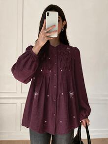 Solavon Women's Elegant Romantic Embroidered Pleated Button Long Sleeve Blouse Date Brunch Date Night Burgundy Fall - Burgundy - View 2