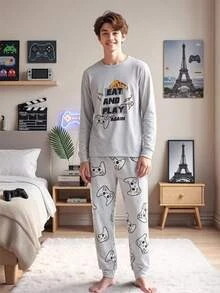 SHEIN 青少年男孩螢光印花足球圖案拼色長袖T恤與長褲套裝，修身睡衣居家服，休閒學院風，舒適時尚簡約百搭柔軟面料，適合日常穿著、居家穿著、疊穿，秋冬季 - 淺灰色 - 查看 1