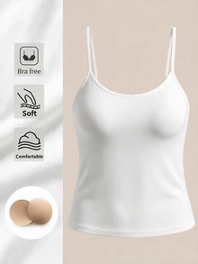 SHEIN BASICS 女款純色極簡百搭保守百搭細肩帶背心上衣，適合日常穿著，白色夏季款 - 白色 - 查看 2