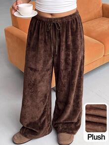 Comfortcana Fall Brown Striped Casual Baggy Elegant Versatile Drawstring Plus Size Pants Home Evening Birthday - Brown - View 3
