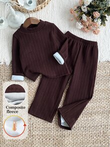 Girls' Winter Set, Brown Textured Double-Sided Fleece High Neck Long Sleeve Top And Matching Double-Sided Fleece Pants, Comfortable Fabric, Suitable For Winter Daily Wear - Coffee Brown - View 8