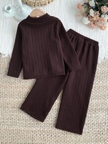 Girls' Winter Set, Brown Textured Double-Sided Fleece High Neck Long Sleeve Top And Matching Double-Sided Fleece Pants, Comfortable Fabric, Suitable For Winter Daily Wear - Coffee Brown - View 2