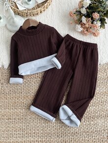 Girls' Winter Set, Brown Textured Double-Sided Fleece High Neck Long Sleeve Top And Matching Double-Sided Fleece Pants, Comfortable Fabric, Suitable For Winter Daily Wear - Coffee Brown - View 4