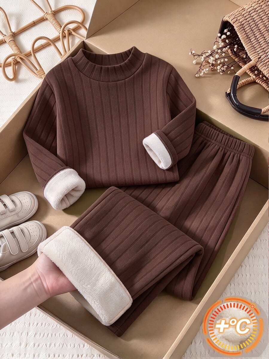 Girls' Winter Set, Brown Textured Double-Sided Fleece High Neck Long Sleeve Top And Matching Double-Sided Fleece Pants, Comfortable Fabric, Suitable For Winter Daily Wear - Coffee Brown - View 1