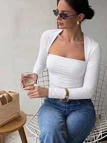 Firerie Women's Casual Elegant Versatile Solid Color Long Sleeve T-Shirt Brunch Going Out White Fall - White - View 1