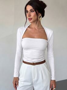 Firerie Women's Casual Elegant Versatile Solid Color Long Sleeve T-Shirt Brunch Going Out White Fall - White - View 4