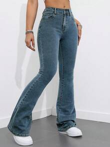 Flexra Women Flared Pocket Casual All-Match Denim Flared Jeans Y2k Bootcut Jeans - Medium Wash - View 3