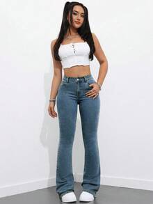 Flexra Women Flared Pocket Casual All-Match Denim Flared Jeans Y2k Bootcut Jeans - Medium Wash - View 4