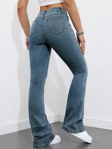 Flexra Women Flared Pocket Casual All-Match Denim Flared Jeans Y2k Bootcut Jeans - Medium Wash - View 2