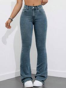 Flexra Women Flared Pocket Casual All-Match Denim Flared Jeans Y2k Bootcut Jeans - Medium Wash - View 7
