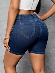 Flexra Women's High Waist Stretchy Knit Slim Fit Denim Shorts - Blue - View 2