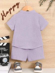 SHEIN 男婴纯色短袖单排扣口袋衬衫和短裤休闲装 - 紫色 - 查看 2