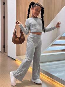 SHEIN 青少年女孩 2件組休閒童裝 素色修身上衣與喇叭褲套裝，秋冬/四季穿著 - 灰色 - 查看 1