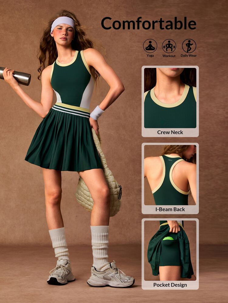 VARSIVA Women's Striped Colorblock Pleated Dress With Pocket Shorts Sporty Set - Multicolor - View 12