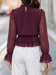 Velvienne Plus Size Elegant Ruffle Hem Streetwear Blouse - Red Violet - View 2