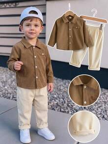 SHEIN Young Boy Single-Breasted Long Kids Sleeve Shirt And Solid Color Long Pants Set - Multicolor - View 1