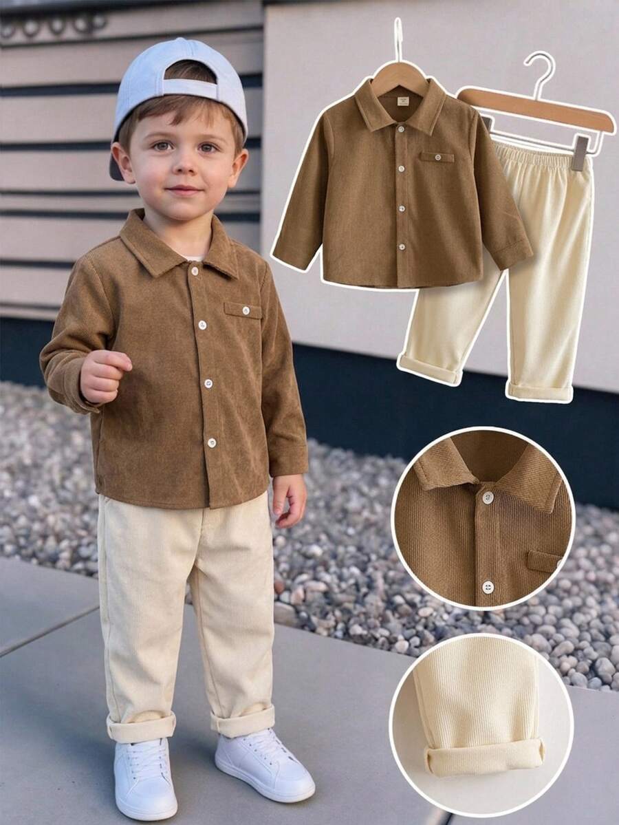 SHEIN Young Boy Single-Breasted Long Kids Sleeve Shirt And Solid Color Long Pants Set - Multicolor - View 1