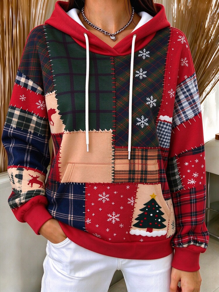 NostaNoir Women's Patchwork Print Long Sleeve Casual Drawstring Hooded Sweatshirt - Multicolor - View 3