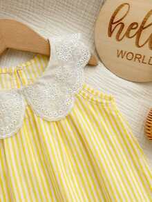 Newborn Baby Girl Cute Summer Casual Vacation Striped Ruffle Sleeveless Bodysuit - Yellow - View 6
