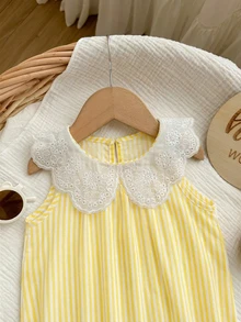 Newborn Baby Girl Cute Summer Casual Vacation Striped Ruffle Sleeveless Bodysuit - Yellow - View 3