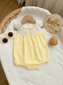 Newborn Baby Girl Cute Summer Casual Vacation Striped Ruffle Sleeveless Bodysuit - Yellow - View 5