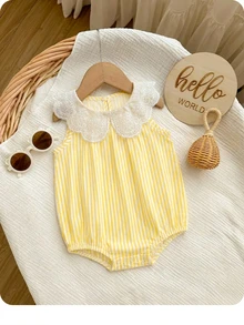 Newborn Baby Girl Cute Summer Casual Vacation Striped Ruffle Sleeveless Bodysuit - Yellow - View 1