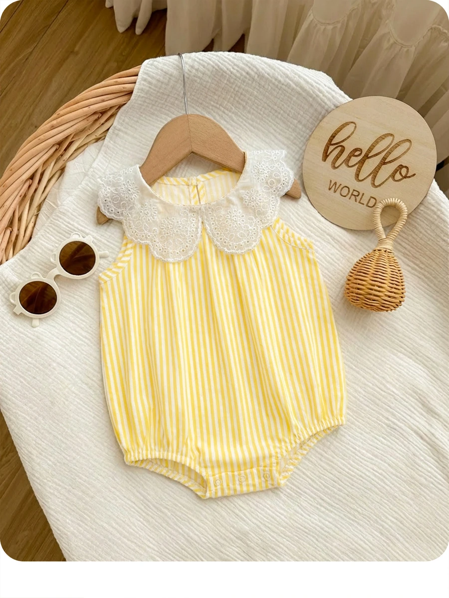 Newborn Baby Girl Cute Summer Casual Vacation Striped Ruffle Sleeveless Bodysuit - Yellow - View 1