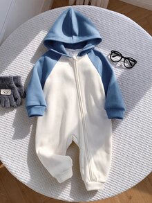 SHEIN Baby Boy Colorblock Knit Soft Hooded Raglan Long Sleeve Jumpsuit Fall/Winter Clothes Back To School Clothes - Multicolor - View 6